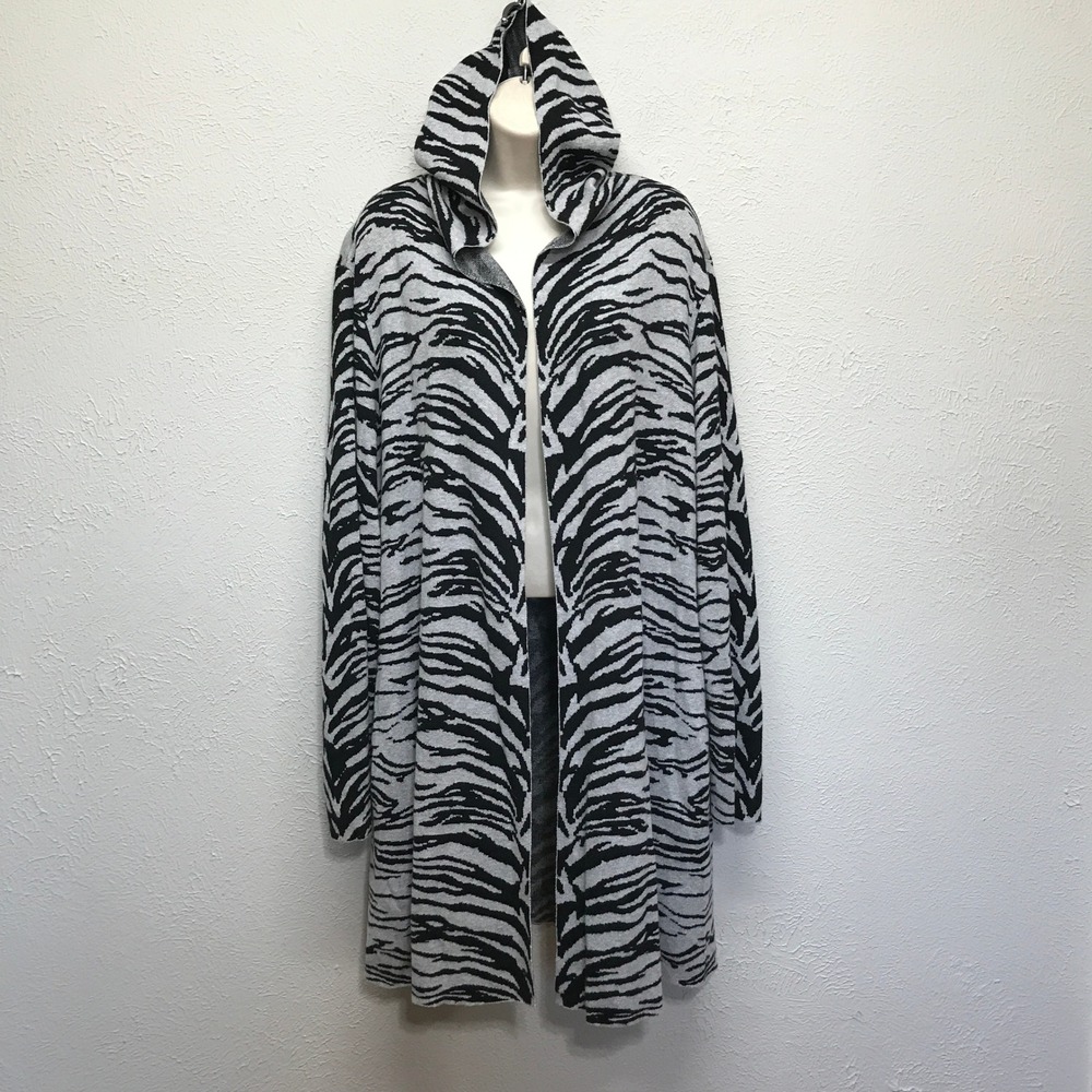 Chico's Zenergy 3 Cardigan Women XL Gray Black Zebra Hooded Cotton Cashmere Wrap